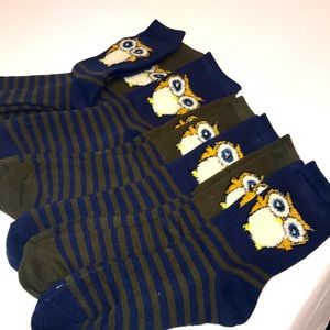 ASHA LADIES 6 PAIRS OWL PRINT CREW SOCKS TOP QUALITY BLUE GREEN STRIPE